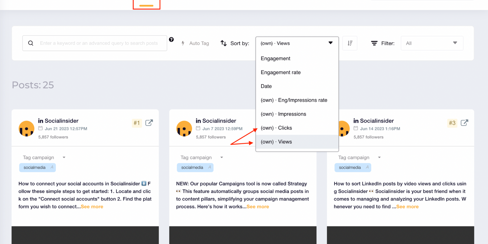 Ordenar publicaciones de LinkedIn por vistas de video y clics