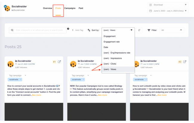 Ordenar publicaciones de LinkedIn por vistas de video y clics